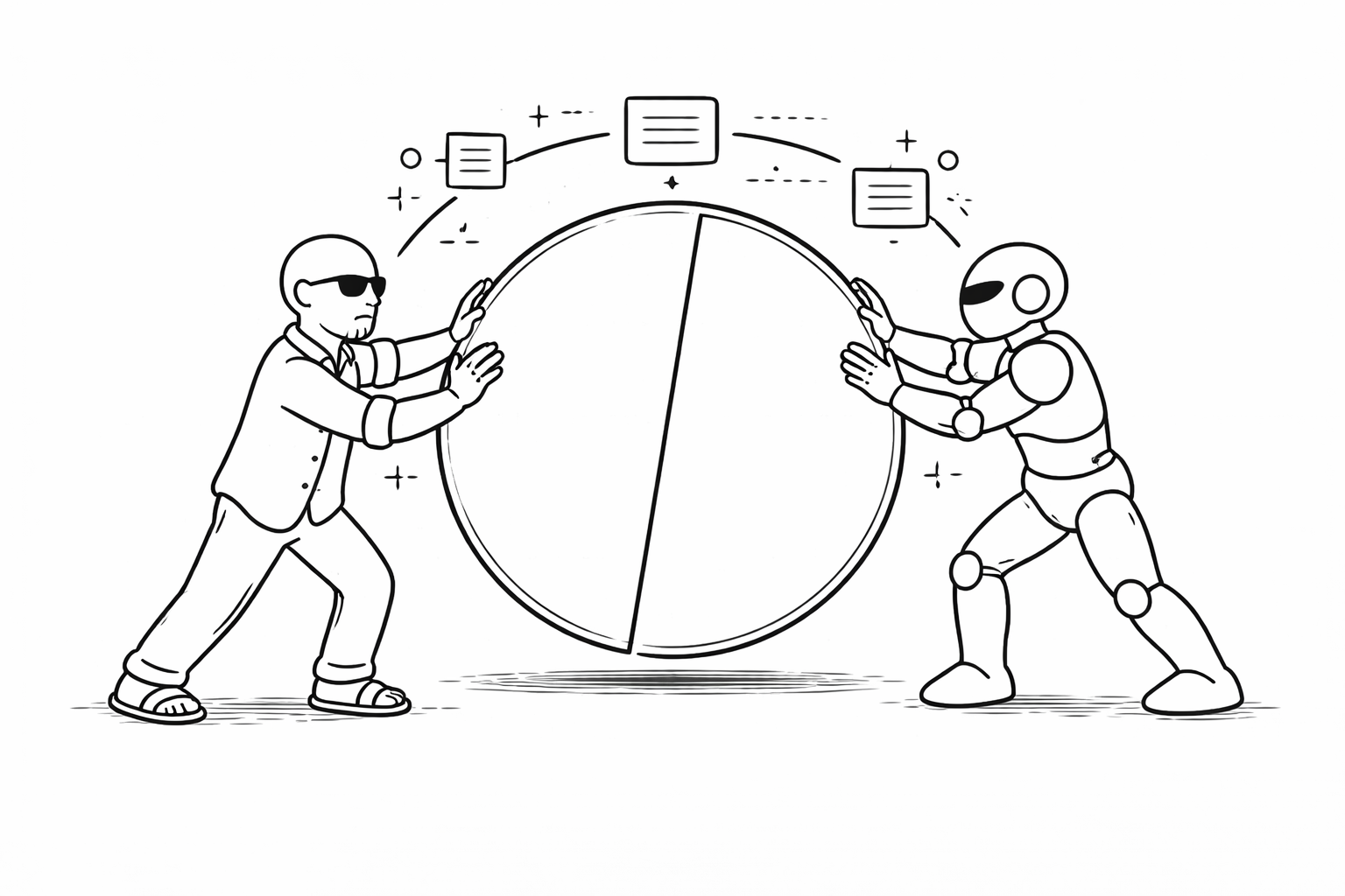 Black-and-white illustration of a human and a robot jointly aligning a large abstract shape, symbolizing a shift from configuration to shared understanding.