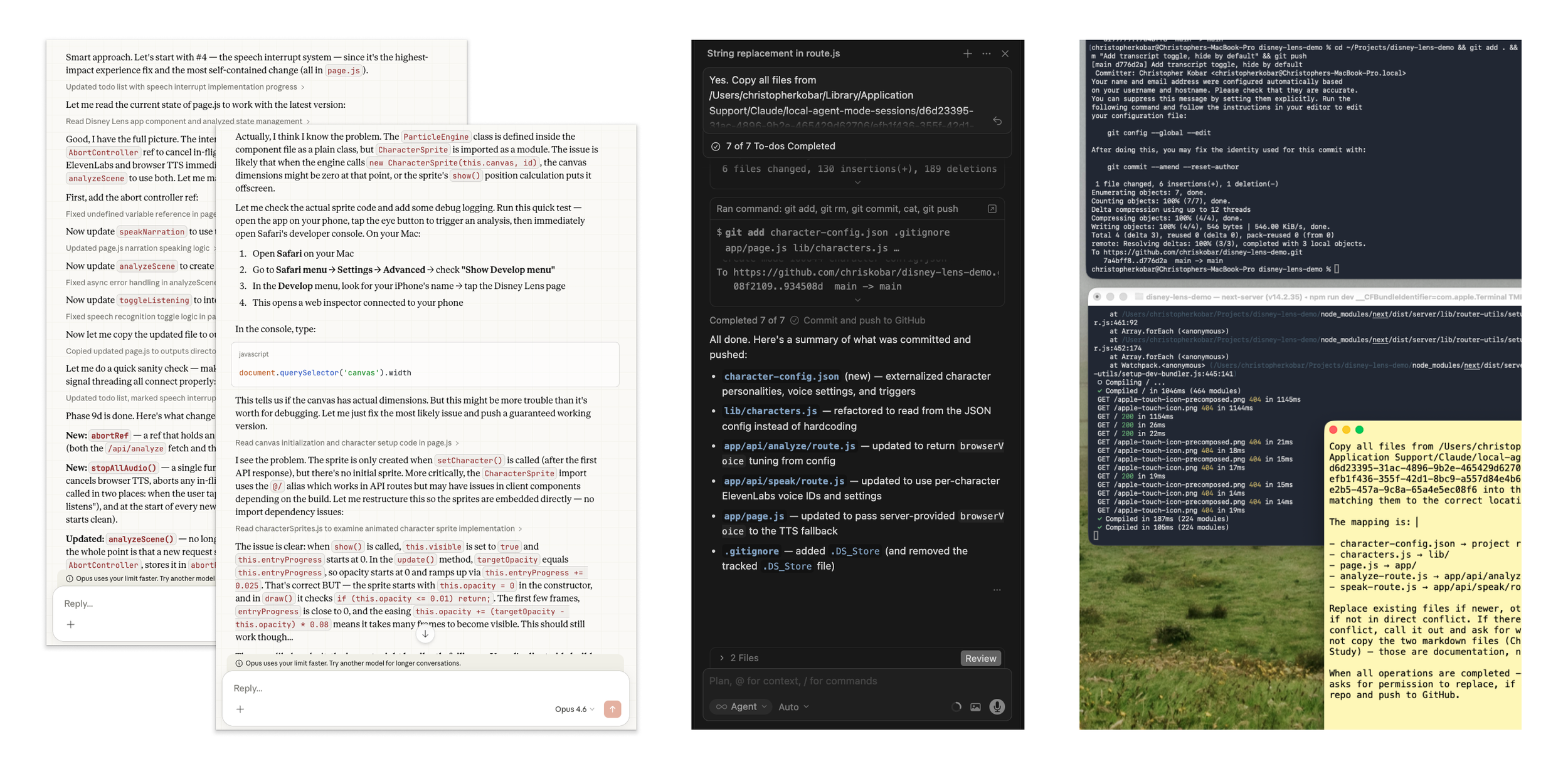 Screenshots of Claude UI, Cursor UI, Terminal windows, and Scrap Paper utility during the project