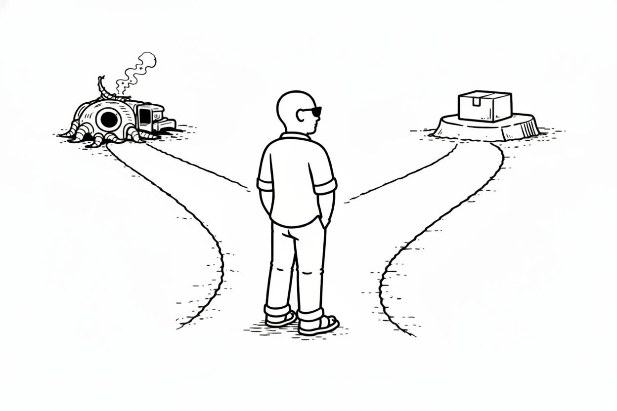 Man standing at a fork in the road