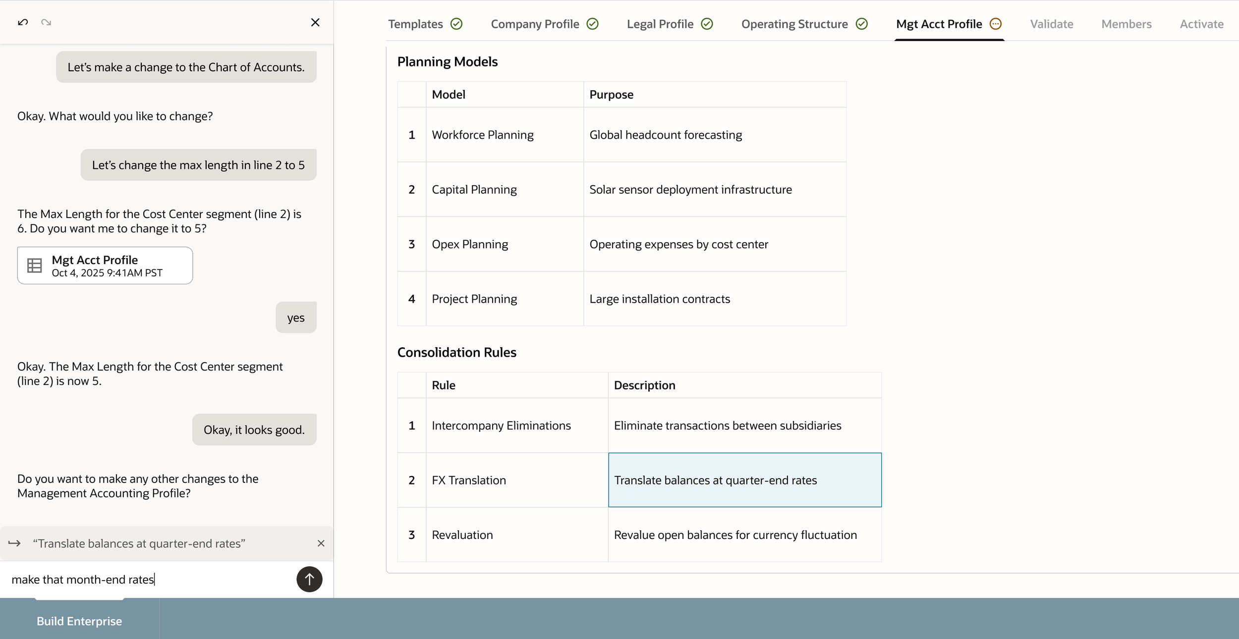 Strategic enterprise UI showing an AI-assisted ERP configuration workflow, with a conversational interface guiding changes alongside structured planning models and consolidation rules.