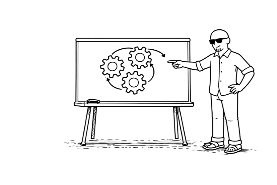 Main pointing to gears on a whiteboard