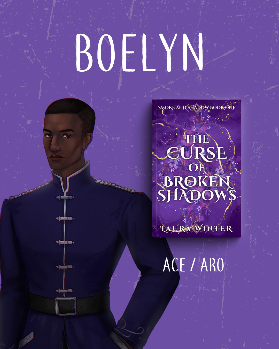 Character art of Boelyn from The Curse of Broken Shadows with text that reads “ace / aro”