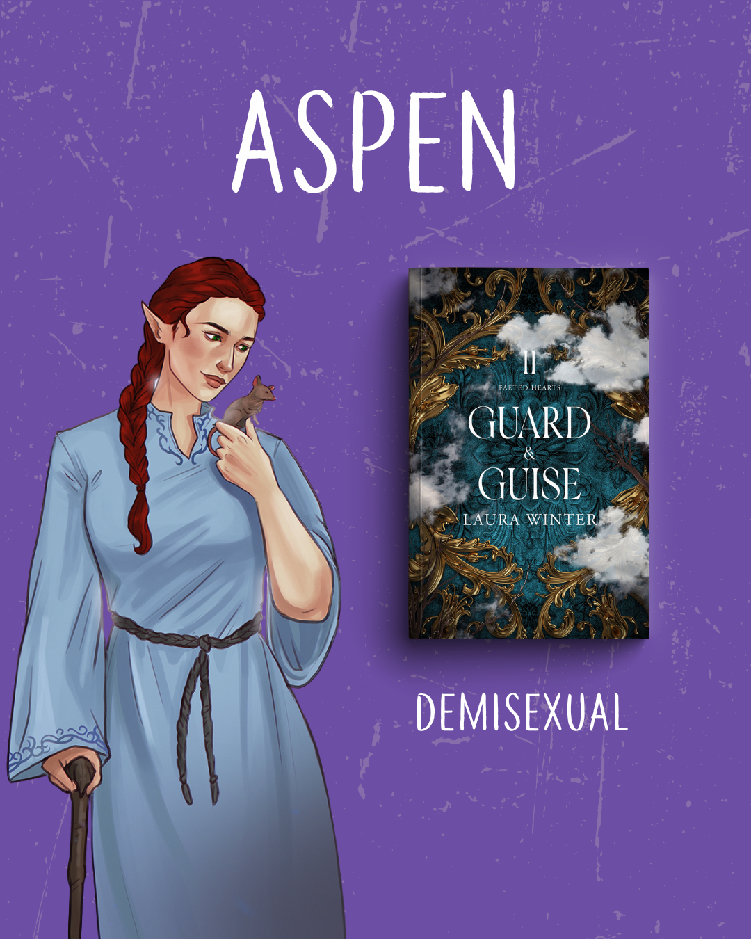 Character art of Aspen from Guard & Guise by Laura Winter. Lower text reads “demisexual”