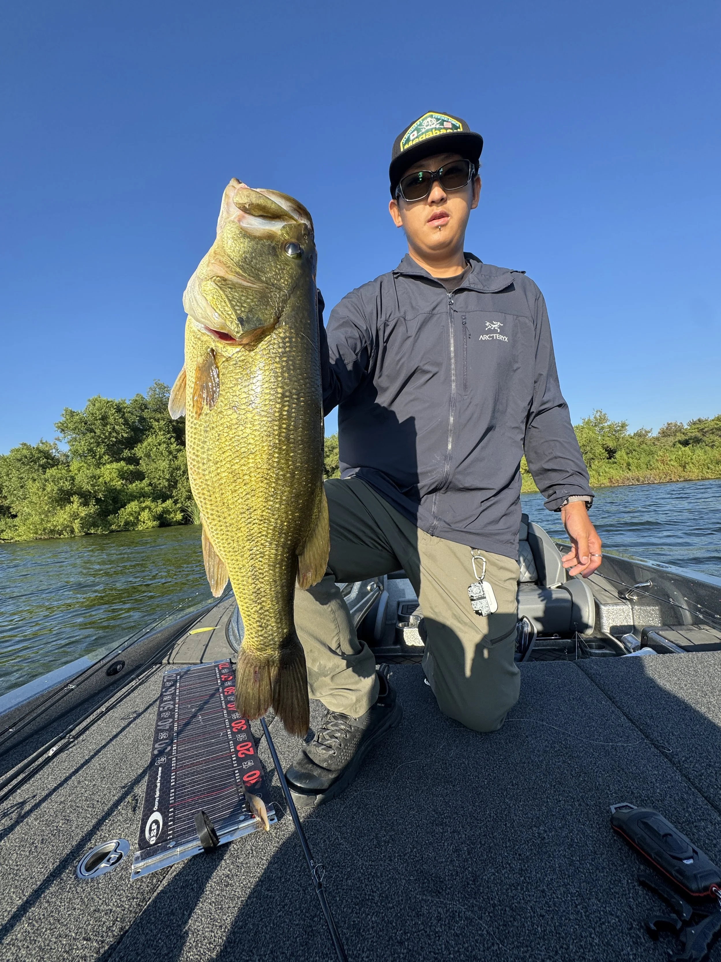 A man holding a large fish, likely a bass, on a boat in a river with green trees in the background, under a clear blue sky. Puddingstone reservoir bass fishing guide in souther California running trips and charters for fishing.