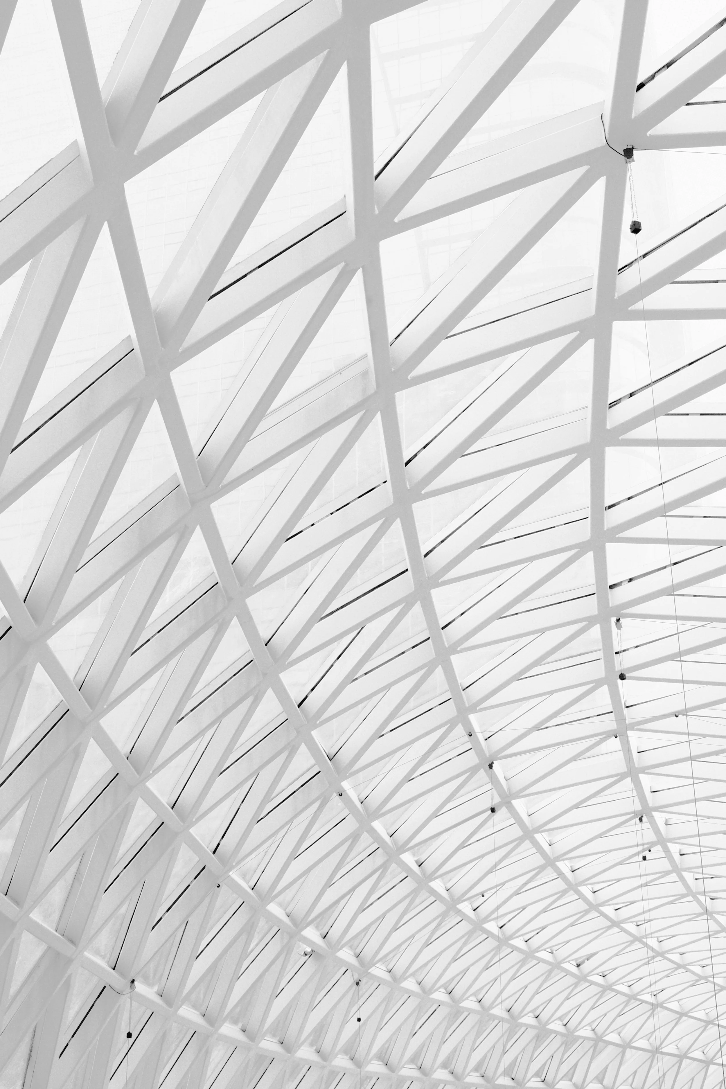 A modern architectural ceiling with a geometric lattice pattern of white beams and glass panels, illuminated by natural light.