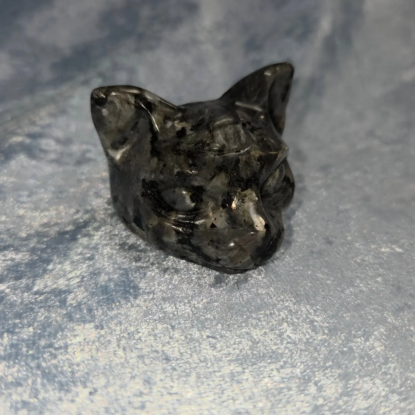 ✨𝐋𝐀𝐑𝐕𝐈𝐊𝐈𝐓𝐄 𝐓𝐇𝐈𝐑𝐃 𝐄𝐘𝐄 𝐂𝐀𝐓✨--$3️⃣0️⃣

𝗟𝗮𝗿𝘃𝗶𝗸𝗶𝘁𝗲 (AKA Norwegian Moonstone/Black Labradorite) can be used as a protective grounding stone while also stimulating psychic abilities.🔮 Larvikite grounds you during astral travel 