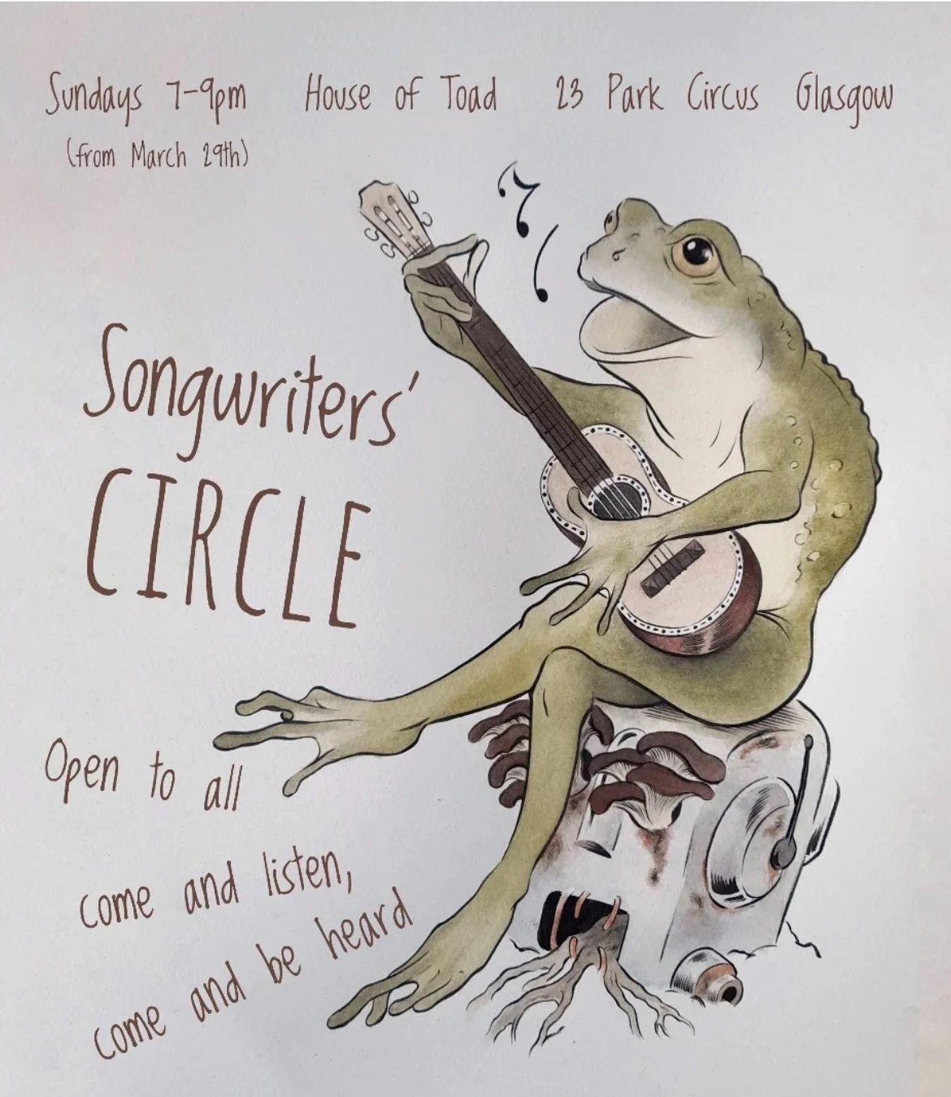 All welcome! Pop along to our Sunday songwriters circle from March 29th, 7-9pm at House of Toad. Hosted by @craigandersonthomson &mdash; drop him a DM if you fancy popping along, or just drop in. Buzz &ldquo;House of Toad Events&rdquo;&hellip;