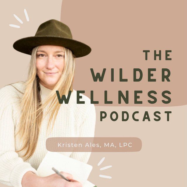 Woman wearing a hat with "The Wilder Wellness Podcast" text and name Kristen Ales, MA, LPC on a beige background.