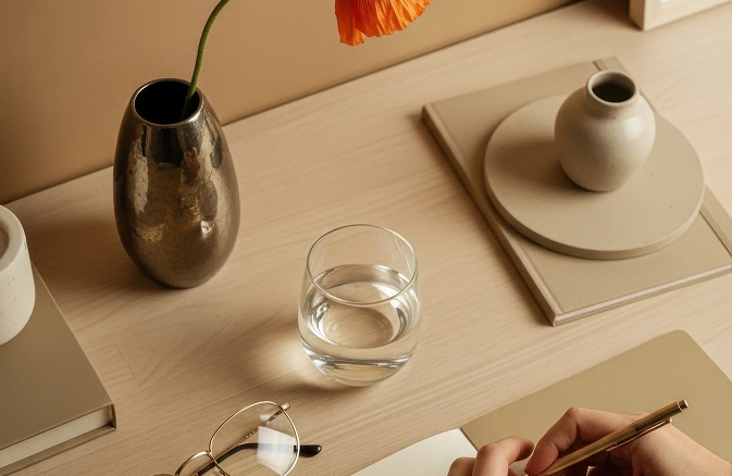 A close-up of a light-colored desk with a metallic vase holding a single orange flower, a glass of water, a small white vase on a round tray, and part of a person's hand holding a pen.