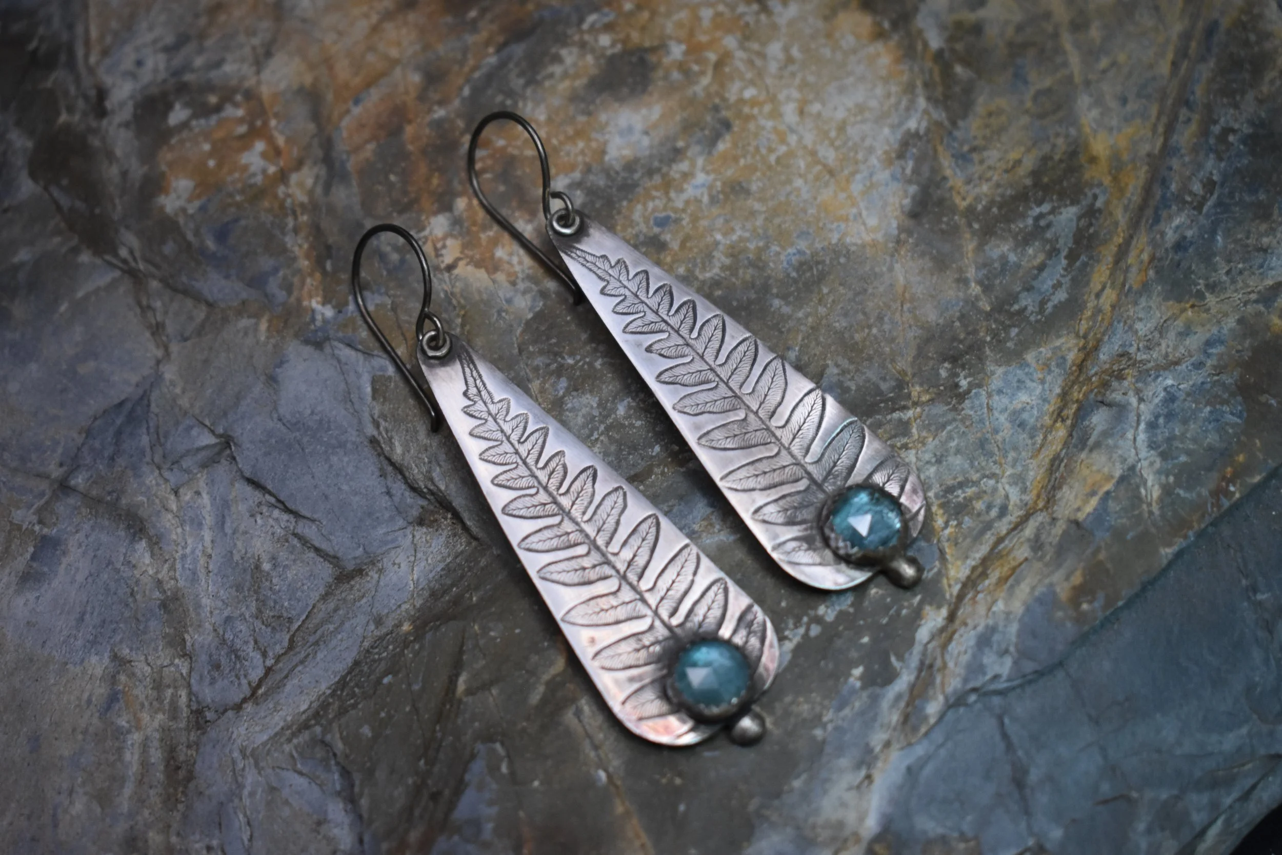 Fern and Aqua Kyanite Large Silver Earrings
