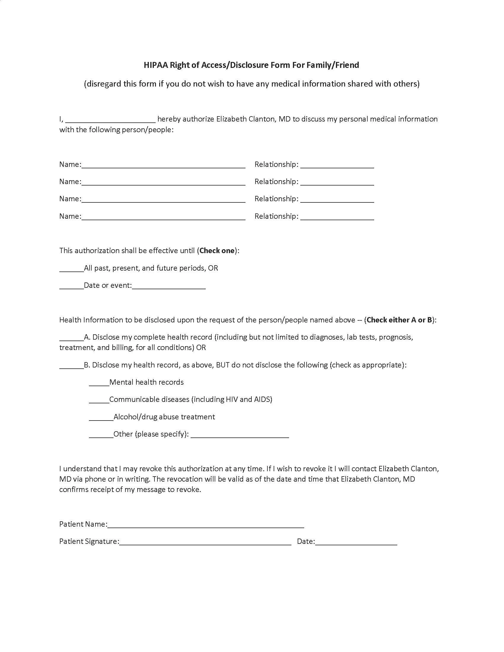 HIPAA Right of Access/Disclosure Form For Family/Friend