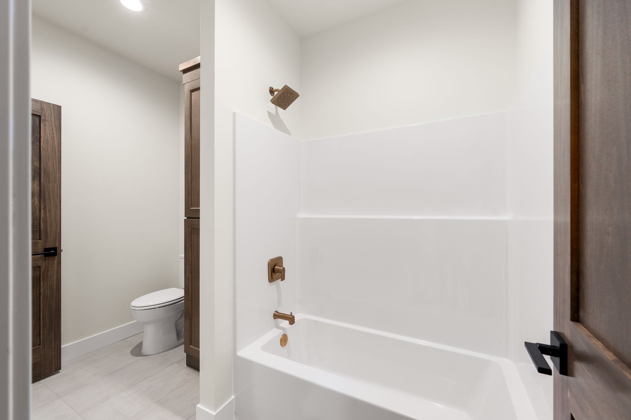 Bathroom showing a shower with a brown shower head and handle, including a toilet and a wooden cabinet, with a white wall background.