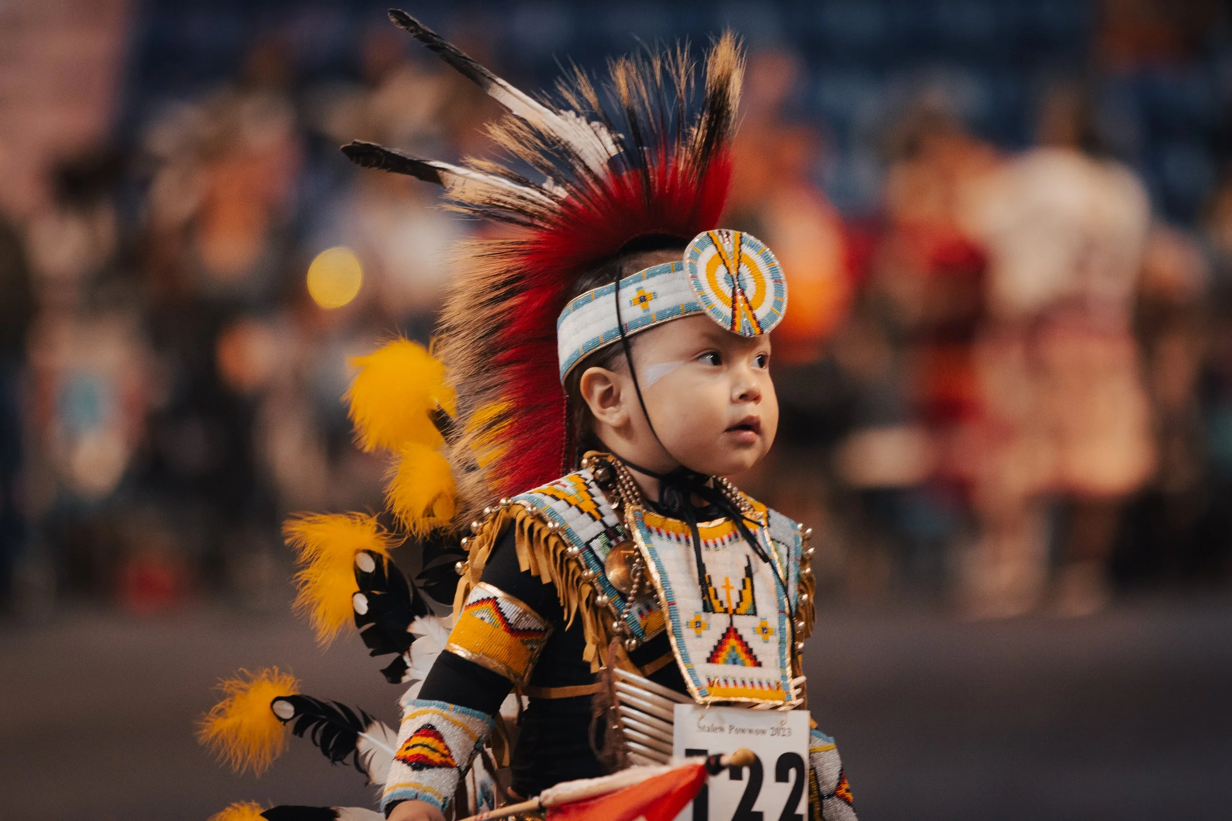 Young child in traditional Native American costume, wearing a headdress with red, black, and white feathers, and decorated clothing with beadwork and fringes, participating in a cultural event or parade.