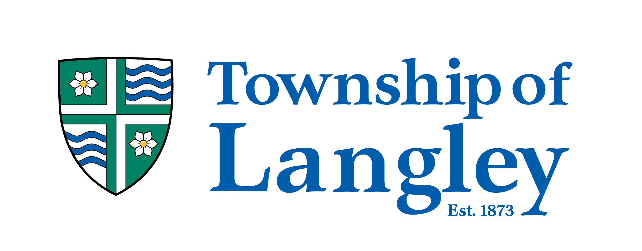 Logo of Township of Langley with a shield emblem containing a white flower, wavy blue lines, and a green cross, next to the blue text 'Township of Langley Est. 1873'.