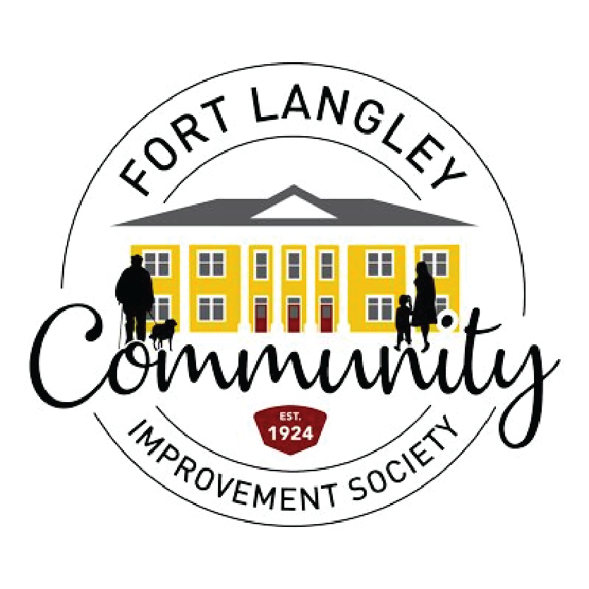 Logo of Fort Langley Community Improvement Society featuring a yellow building, mountains, and people walking, with the text 'Fort Langley Community Improvement Society Est. 1924'.
