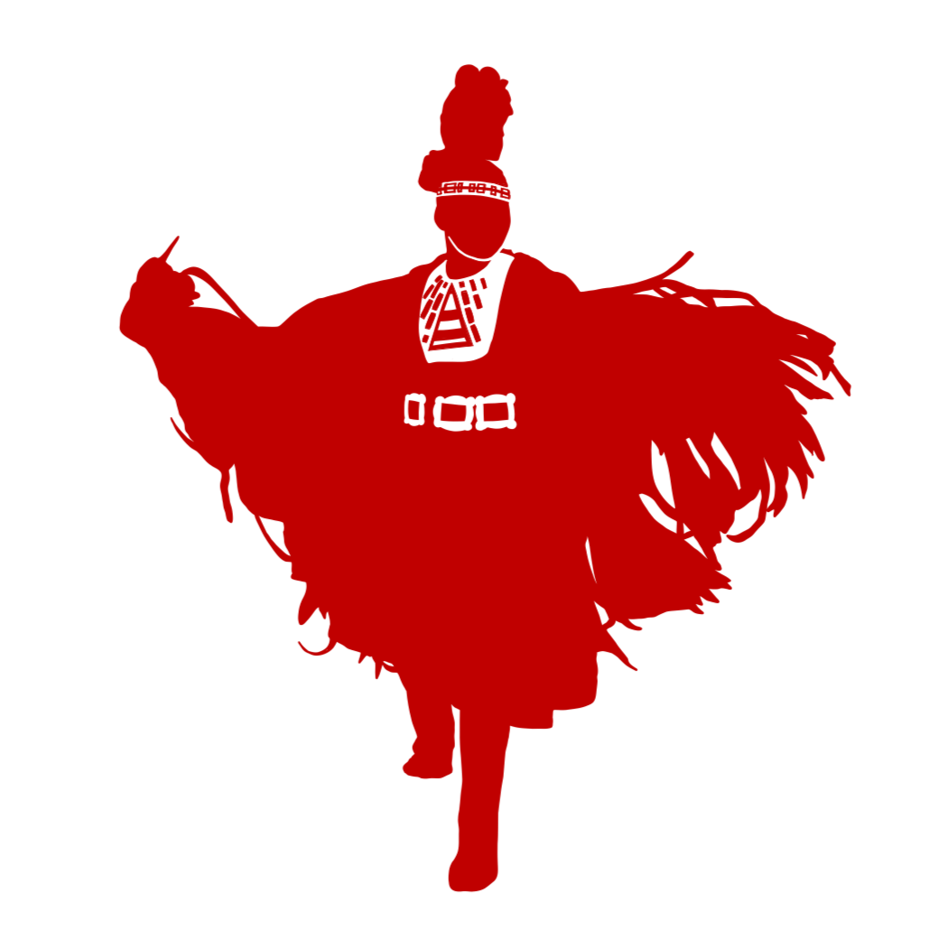 Silhouette of a woman in traditional dress, riding a horse, with a feathered headdress.