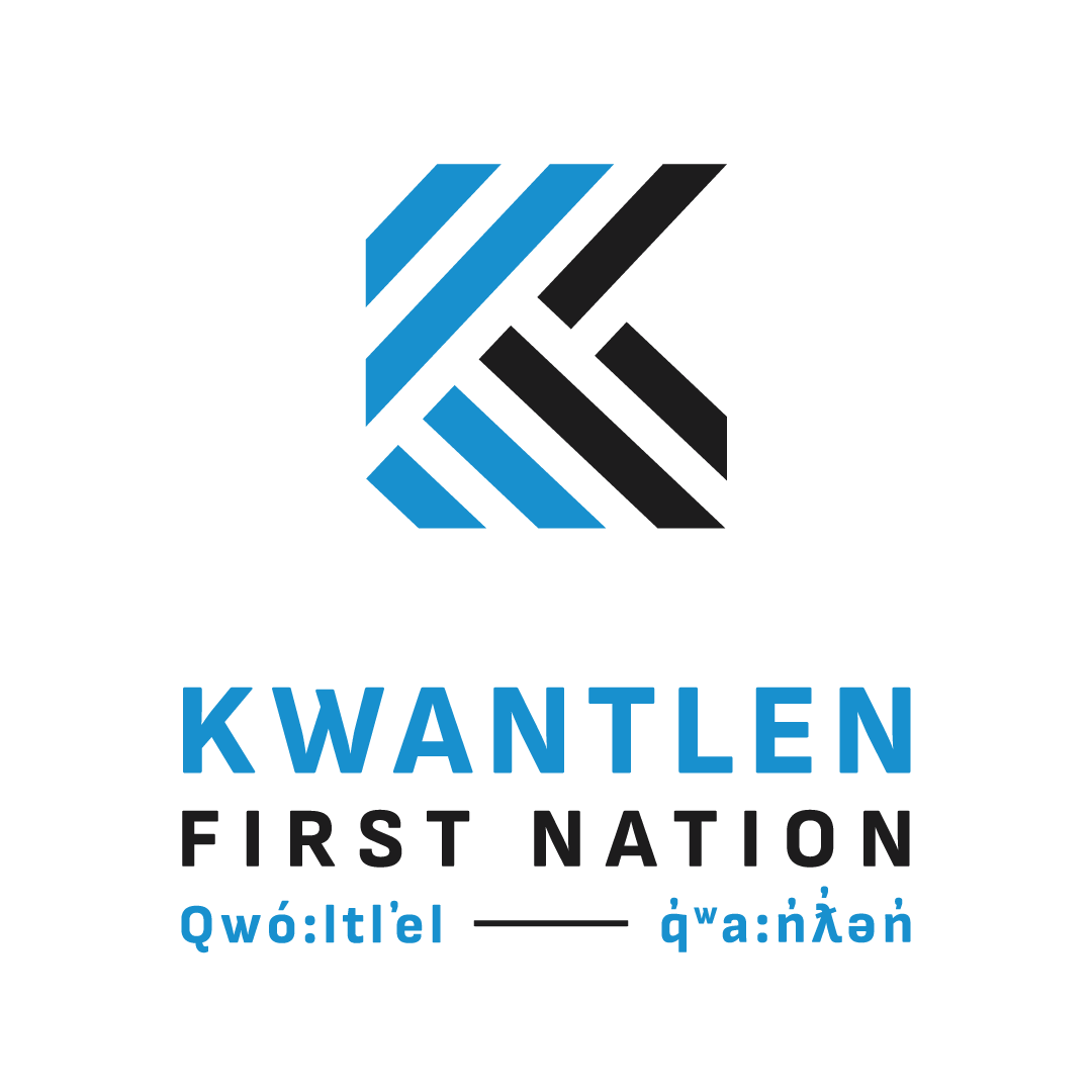 Logo of Kwantlen First Nation, featuring a geometric design in blue and black, with the words 'KWANTLEN FIRST NATION' and the Bylaw and Law wordings in English and Indigenous language below.