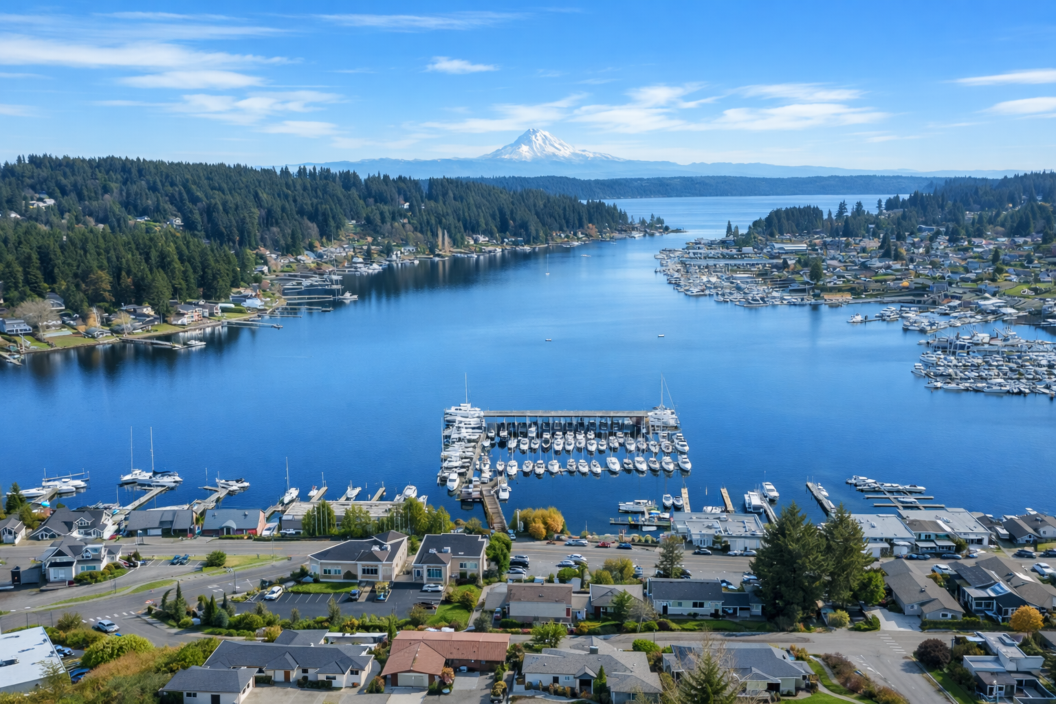 Aerial view of Gig Harbor's marina, waterfront homes, and Mount Rainier beyond. The one-of-a-kind Pacific Northwest lifestyle that makes right-sizing here unlike anywhere else