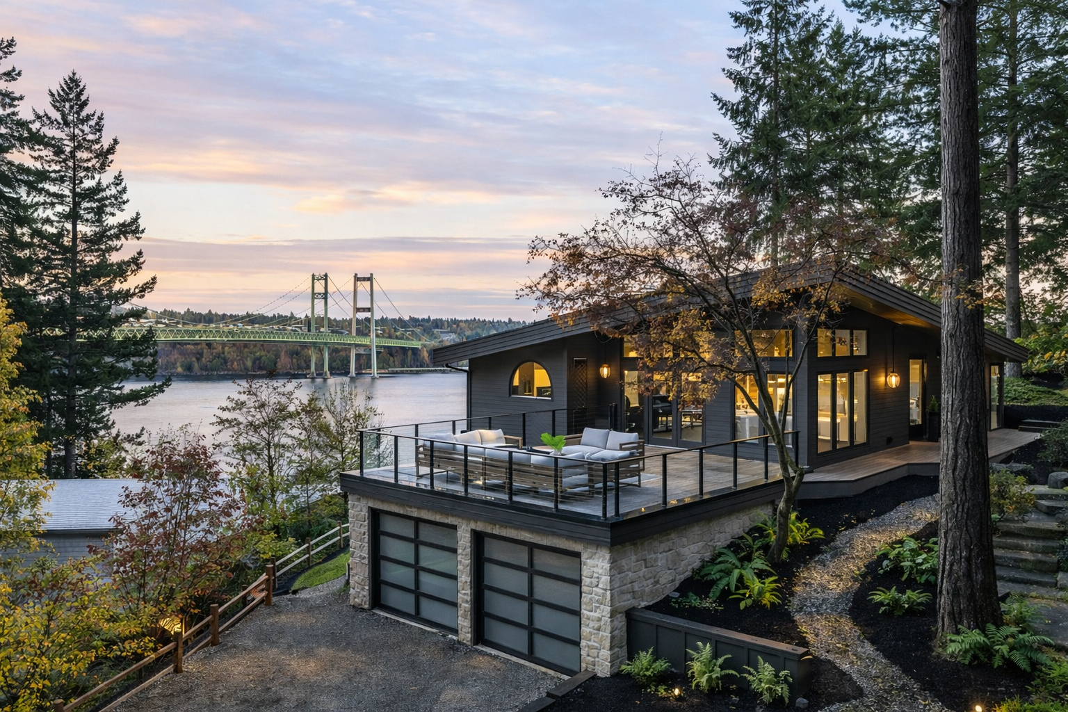 Gig Harbor South luxury home Tacoma Narrows Bridge view Puget Sound waterfront sunset deck StaciaSellsHomes
