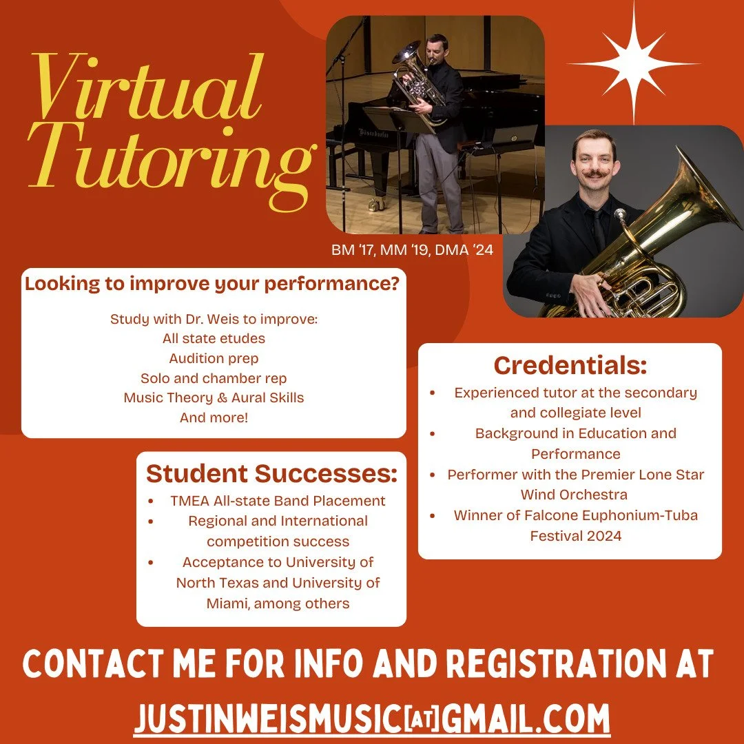 It's that time of year! If you're looking to study euphonium or tuba, or get help with your music theory classes, I'm opening up my books for online instruction.
I am available for single or recurring sessions and am happy to chat with you about wha