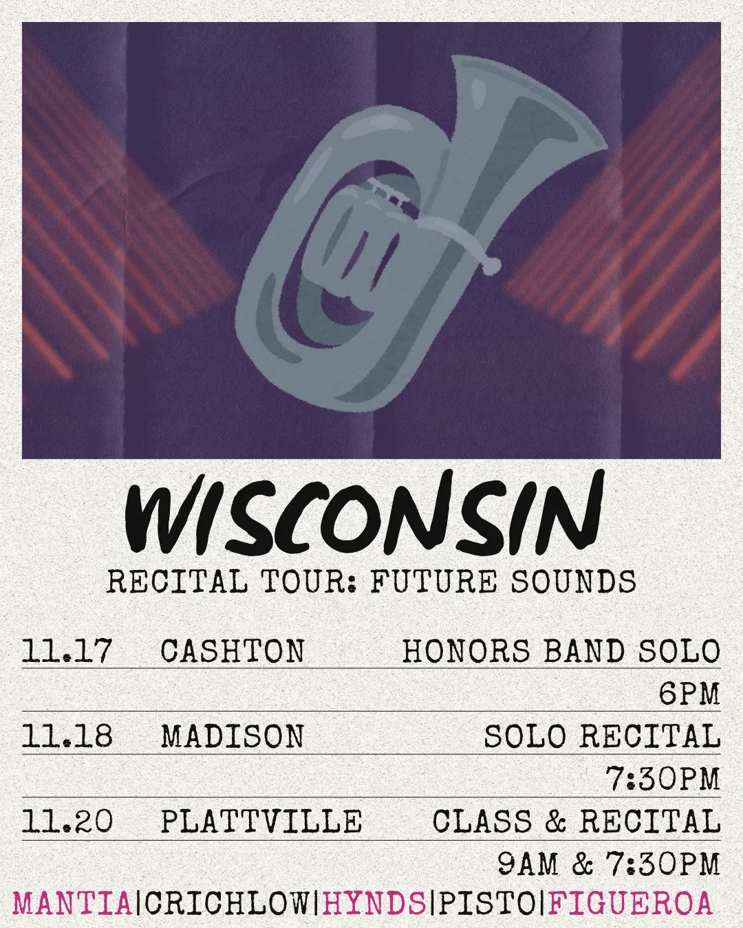 I am so excited to share that I'll be in Wisconsin next month playing a couple of recitals and soloing with a HS honor band. Programs will be exciting and innovative, with new electronic and unaccompanied euph pieces. If you're in the area, please co