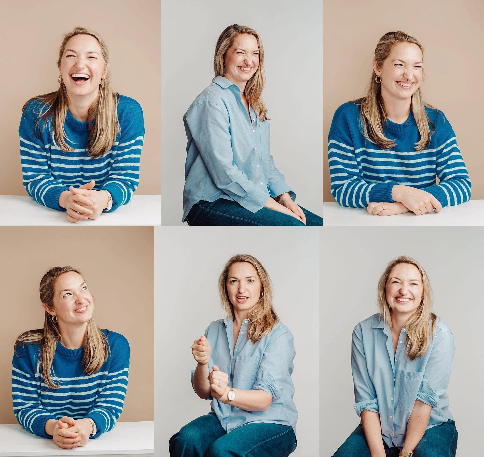 A collage of five photos of a woman with long blonde hair, wearing different blue tops, showing various happy and expressive facial poses against plain, neutral-colored backgrounds.
