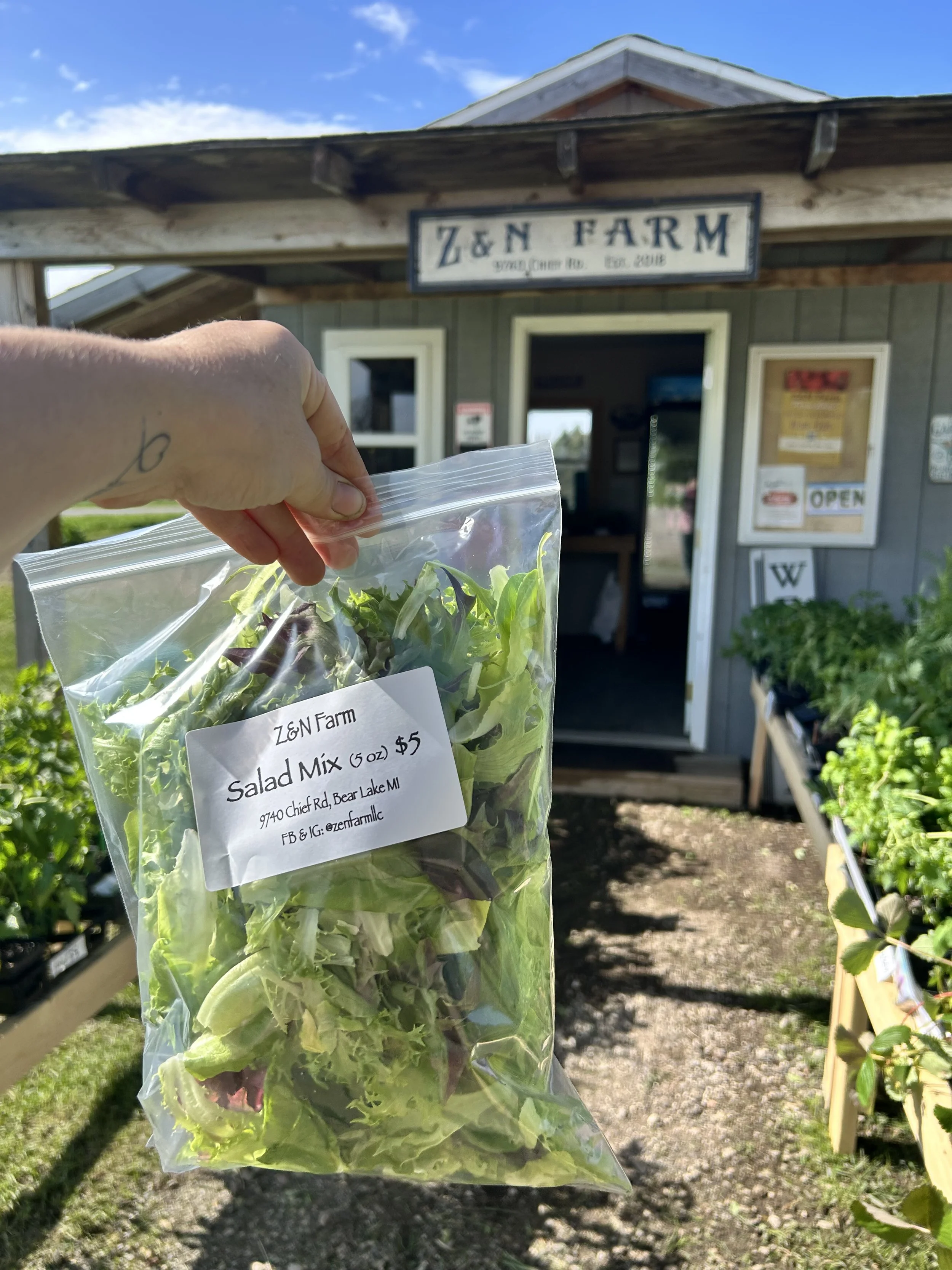 A hand holding a bag of salad mix with the farm stand in the background