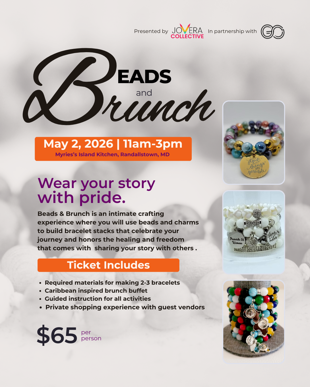 Flyer for Beads and Brunch event hosted by Jovera Collective in partnership with GroCharity. The event will take place May 2nd in Randallstown MD