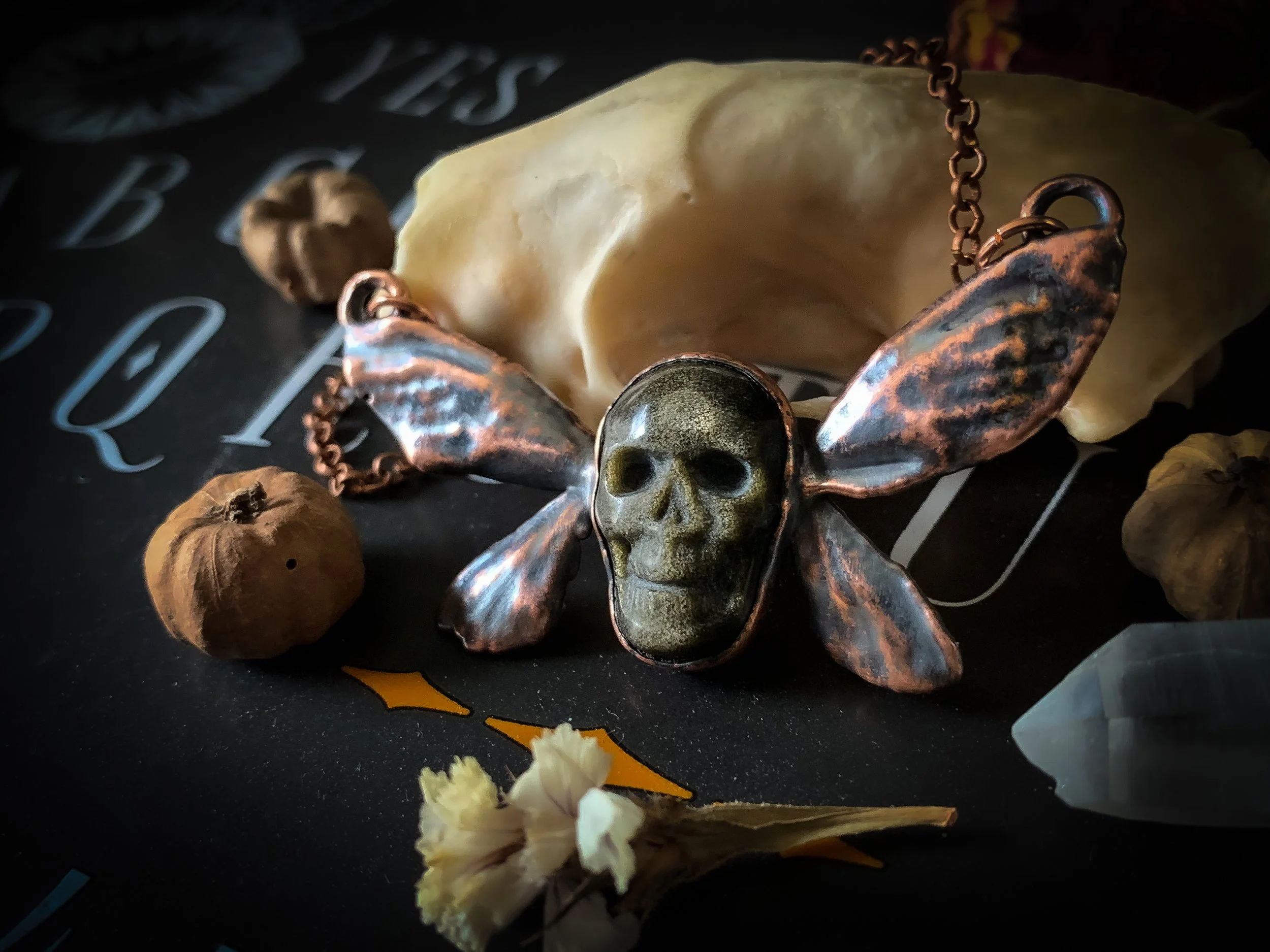 Brood X Cicada Wing Necklace with Goldsheen Obsidian Skull
