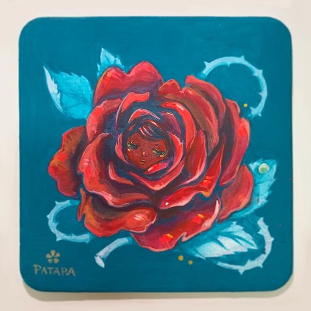 Red rose flower sprite. I was thinking of the talking flowers from Alice in Wonderland and thought the idea of flower sprites would look nice as small paintings.  #salut5 #coasterartshow #nucleusportland #flowerspirit #flowersprite #redroseillustrati