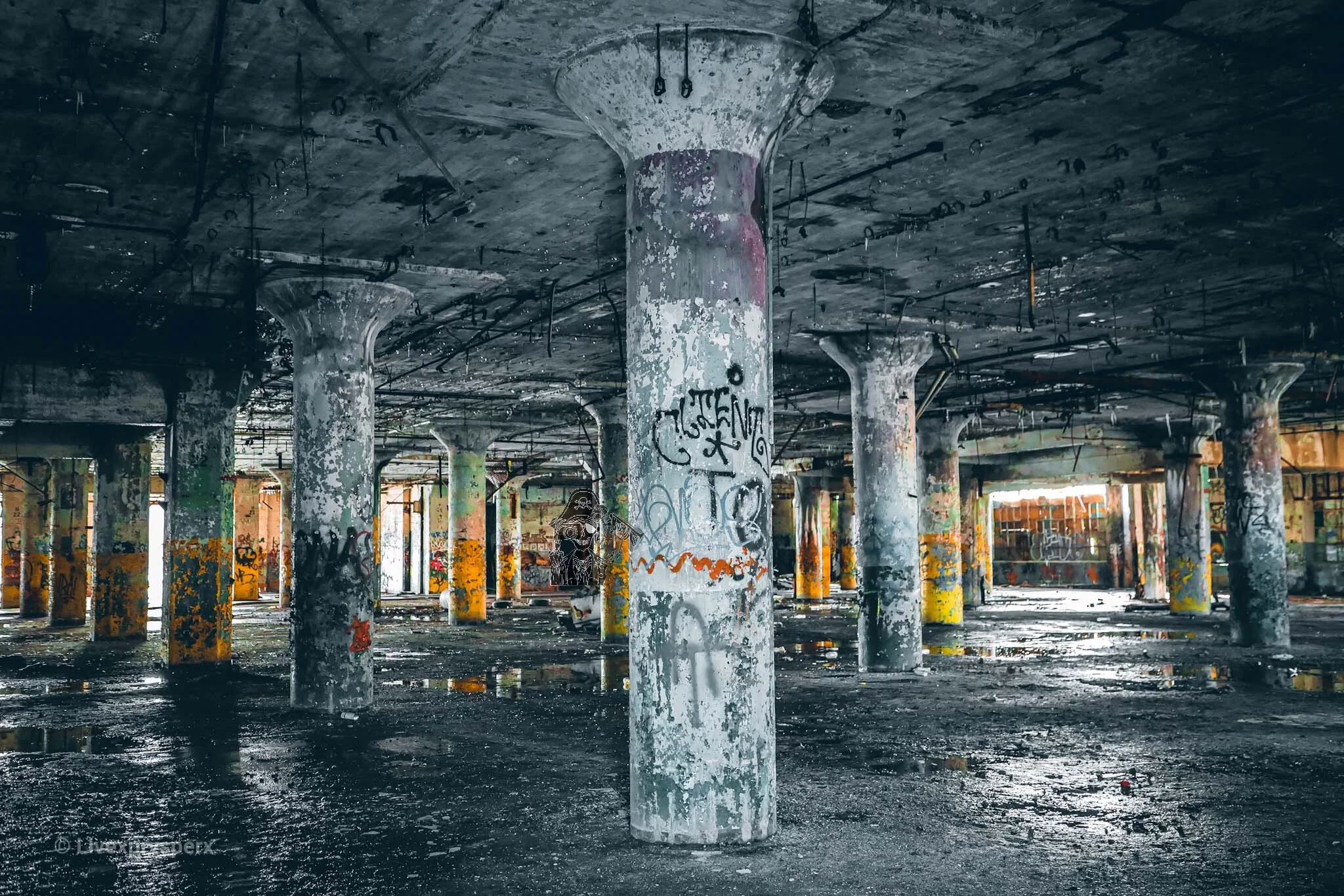 Interior of an abandoned building with multiple concrete support columns covered in graffiti, with water on the floor reflecting the structure.