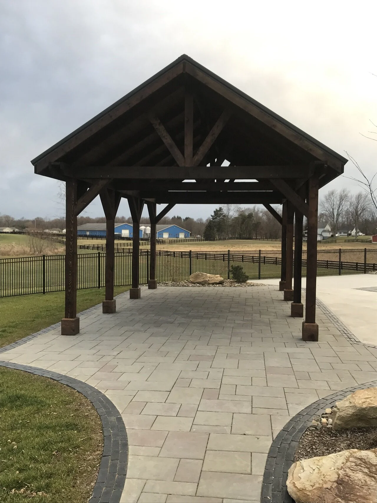 Landscape design with paver patio and pavilion in Nimishillen Township, OH