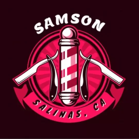 Logo with a pink and white barber pole, two straight razors, and the text 'Samson Salinas, CA'.