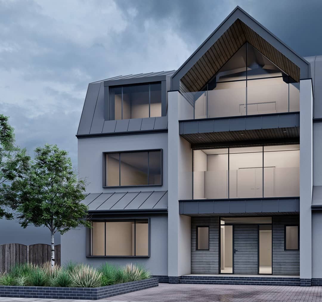 *From the drawing board* our design for this new dwelling in Essex utilises the existing building footprint and roof form. We have introduced a new front gable with south facing balconies and contemporary detailing to provide a modern and luxurious f