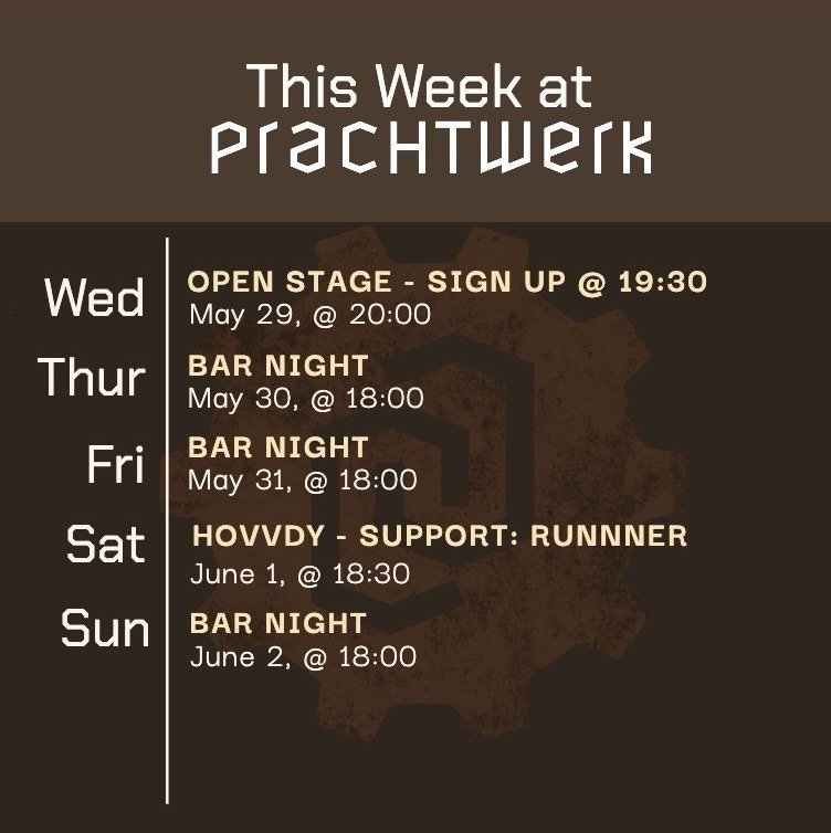 Open stage, bar nights and concerts await you this week at Prachtwerk! We still have some tickets left for the @HOVVDY show, with support from RUNNER. (🎟️ in bio!) So if you need something to do while enjoying the start of summer, swing by for good 