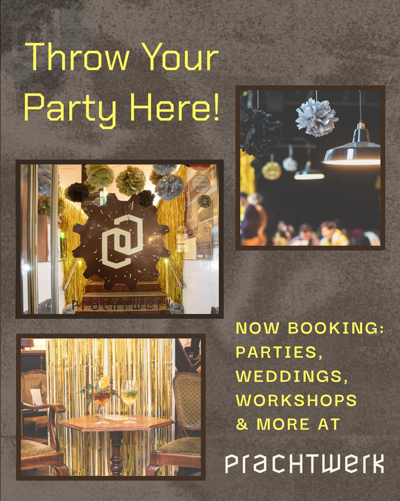 Did you know we rent Prachtwerk for more than just private events and concerts?&nbsp;

We have plenty of space for last minute parties, meet-ups, daytime meetings, photoshoots, classes/workshops, weddings and more!&nbsp;🥂✨🪩

For availability and pr