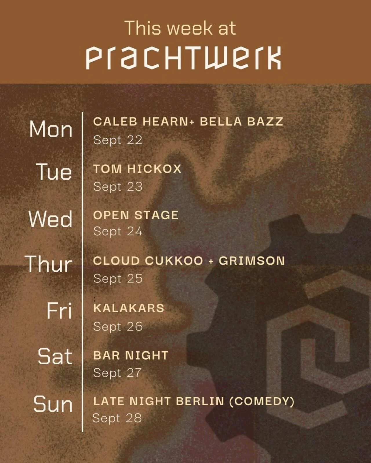 Check out this week&rsquo;s worth of great events at Prachtwerk! We can&rsquo;t wait to see you!
#prachtwerkberlin #livemusic #neuk&ouml;lln