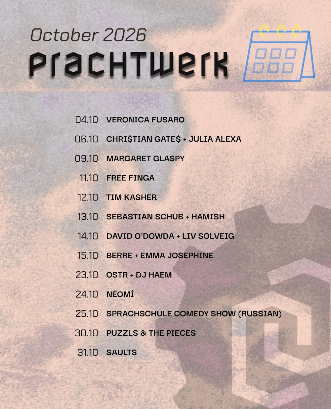 A new month deserves a new soundtrack! We&rsquo;ve got a wide range of music coming to Prachtwerk this month. Check out our calendar and click the link in our bio for tickets and more info!! 🌟