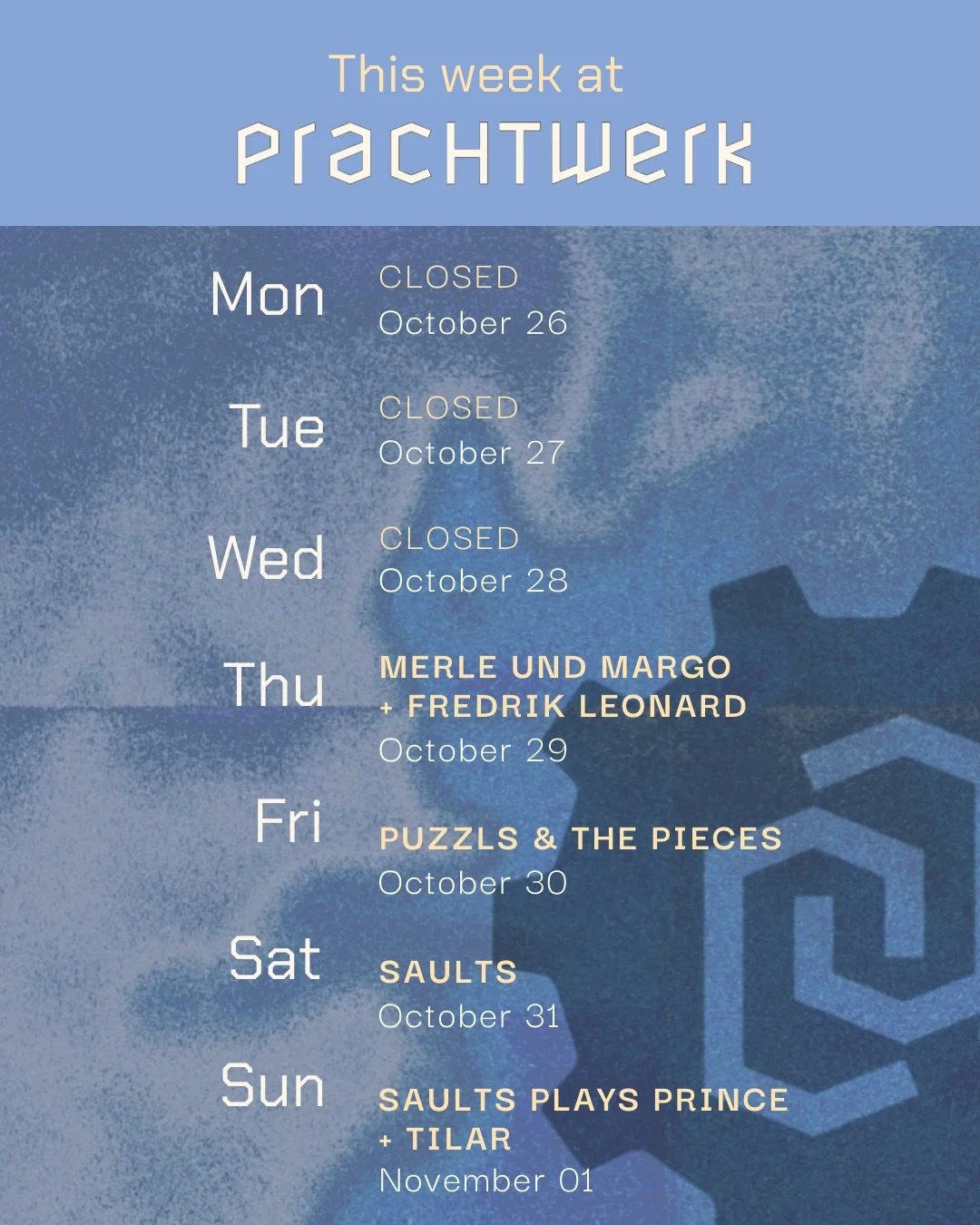 We&rsquo;ve got an exciting range of music in store for you this week!! Check out what&rsquo;s on and get your tickets via the link in our bio 🫶🏼

Merle &amp; Margo + Fredrik Leonard - 29.10.2026

Puzzls &amp; The Pieces - 30.10.2026 

Saults - 31.