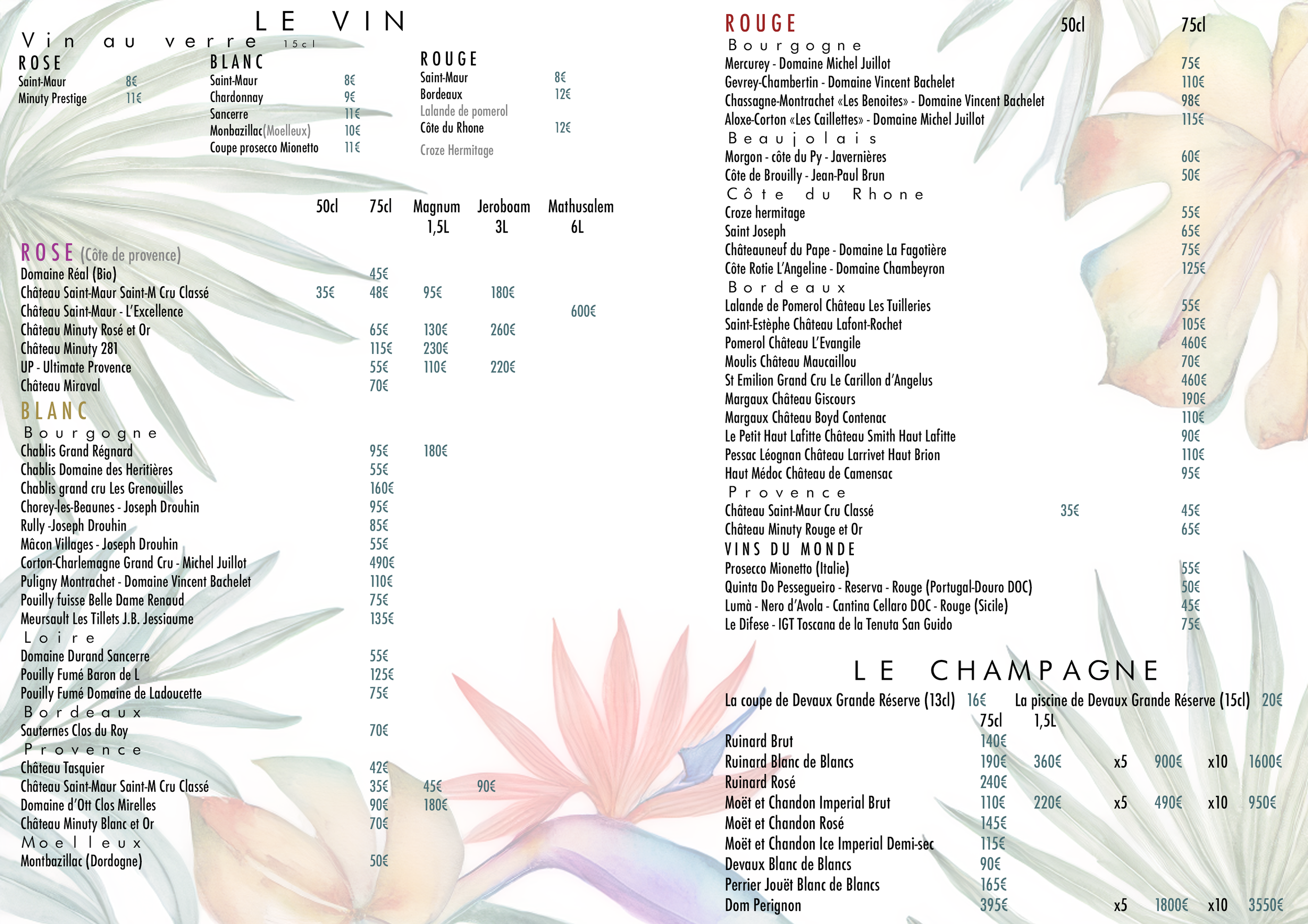 Carte des boissons du bar Le Lagon Mandelieu