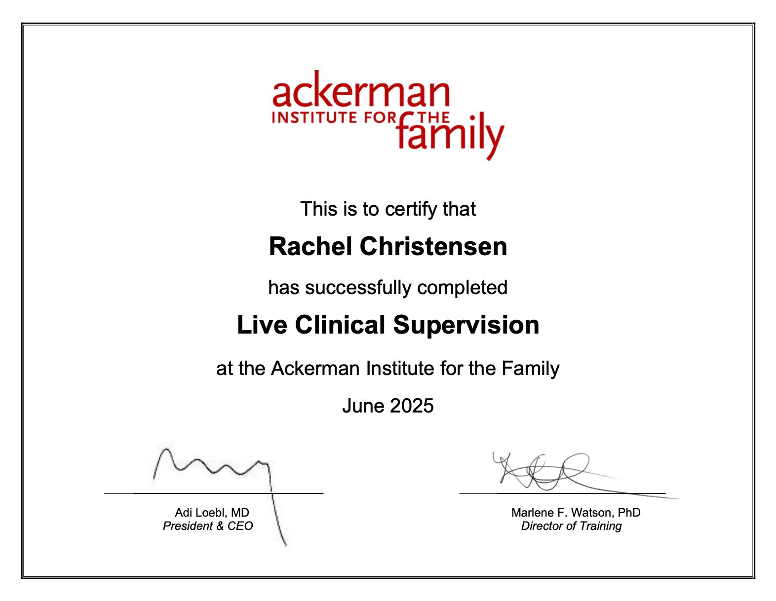 Certificate of course completion: Ackerman institute for the family live clinical supervision