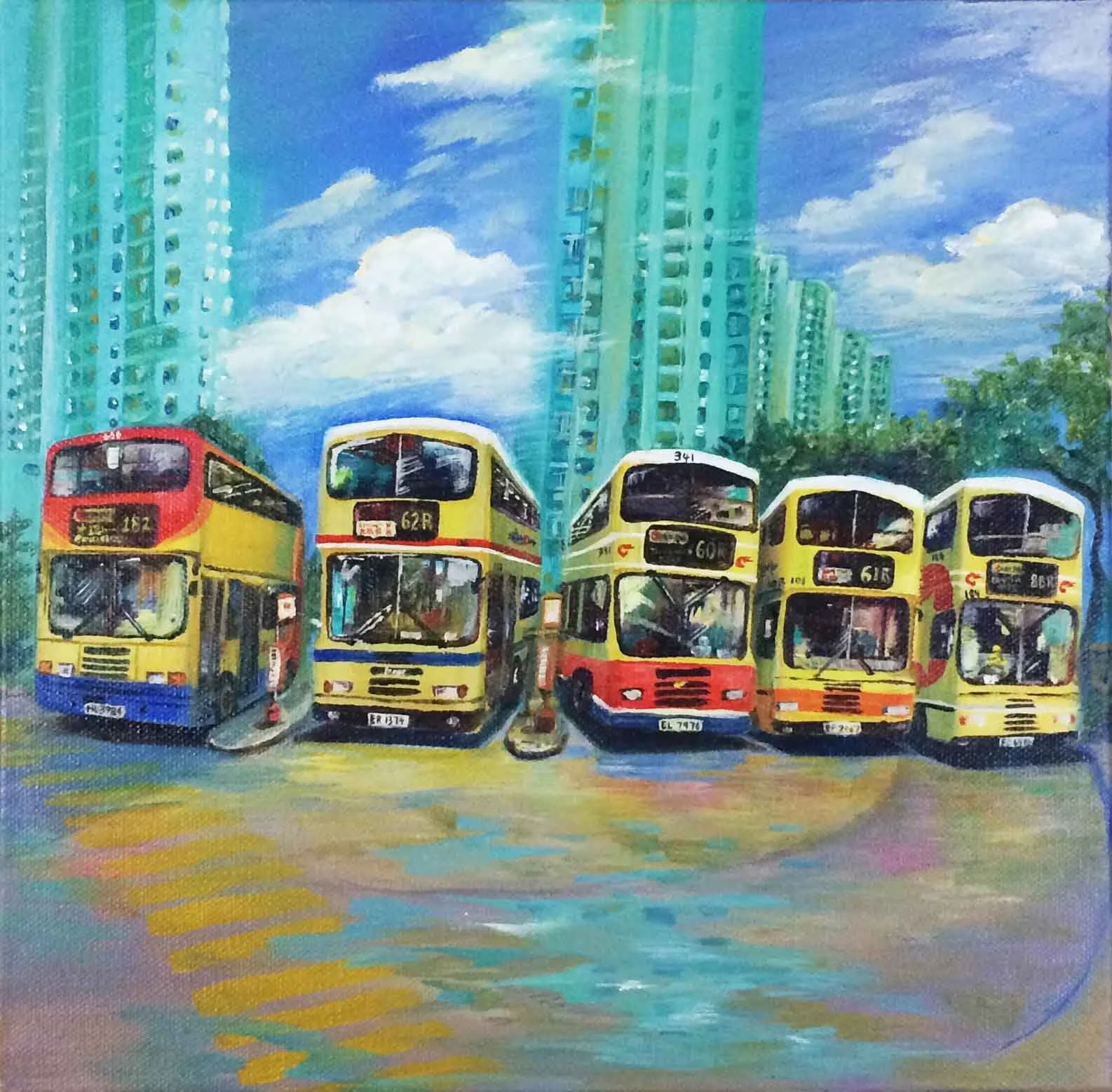 Citybus x 5&nbsp; 2017&nbsp; Acrylic on Canvas 30.5x30.5 cm Private Collection, Hong Kong
