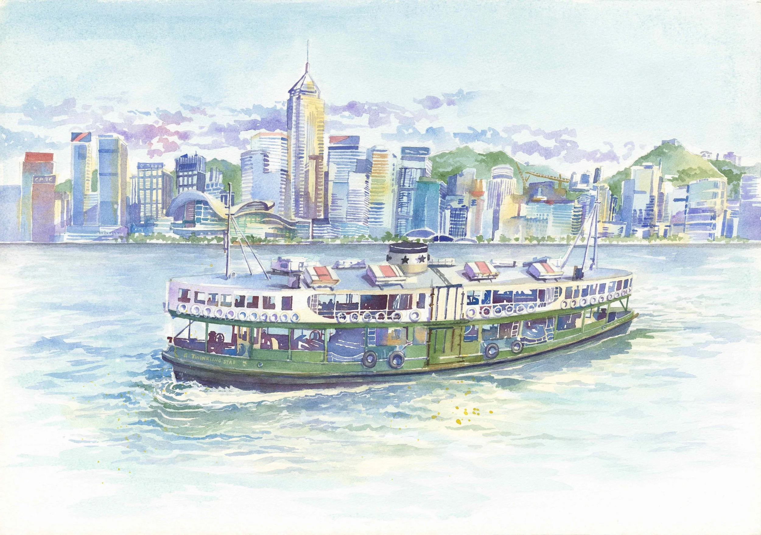 Watercolor painting of a city skyline with tall buildings and mountains in the background, and a paddle steamer boat on the water in the foreground.
