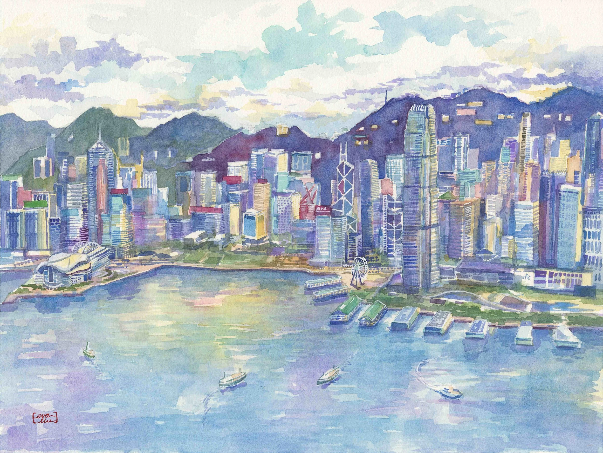 A watercolor painting of a city skyline along a harbor with boats, surrounded by mountains under a cloudy sky.