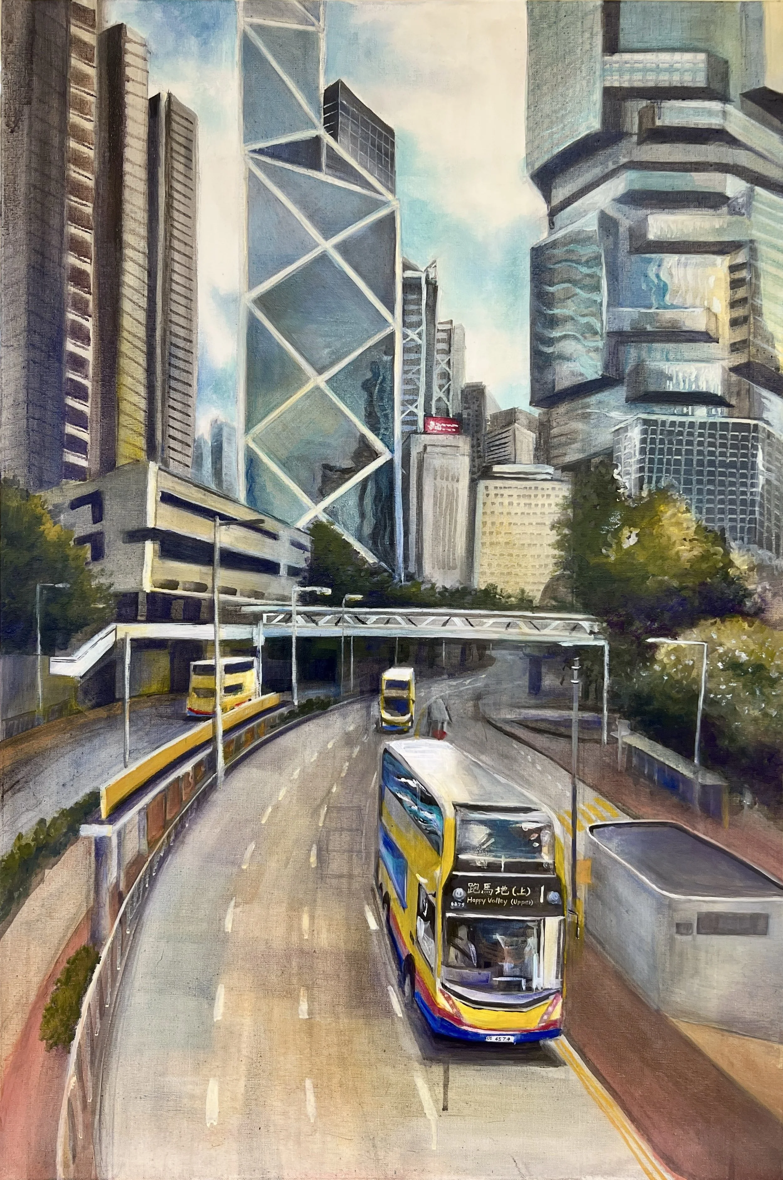A painting of a modern Hong Kong cityscape featuring tall skyscrapers with glass exteriors, buses traveling on a curved road, and a clear blue sky.