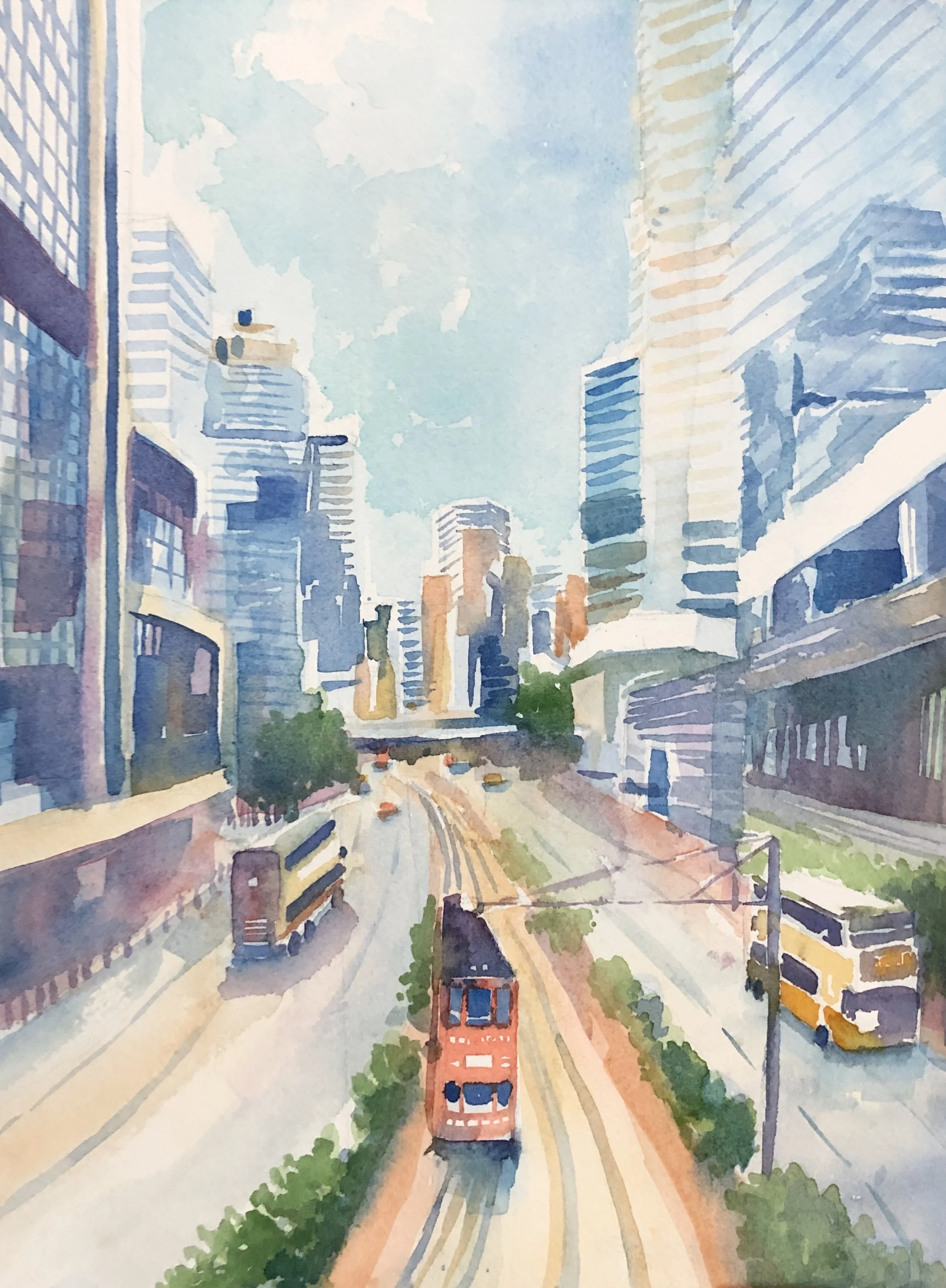 Watercolor painting of a cityscape featuring tall modern buildings, a street with a red tram, cars, and lush greenery along the tram tracks.