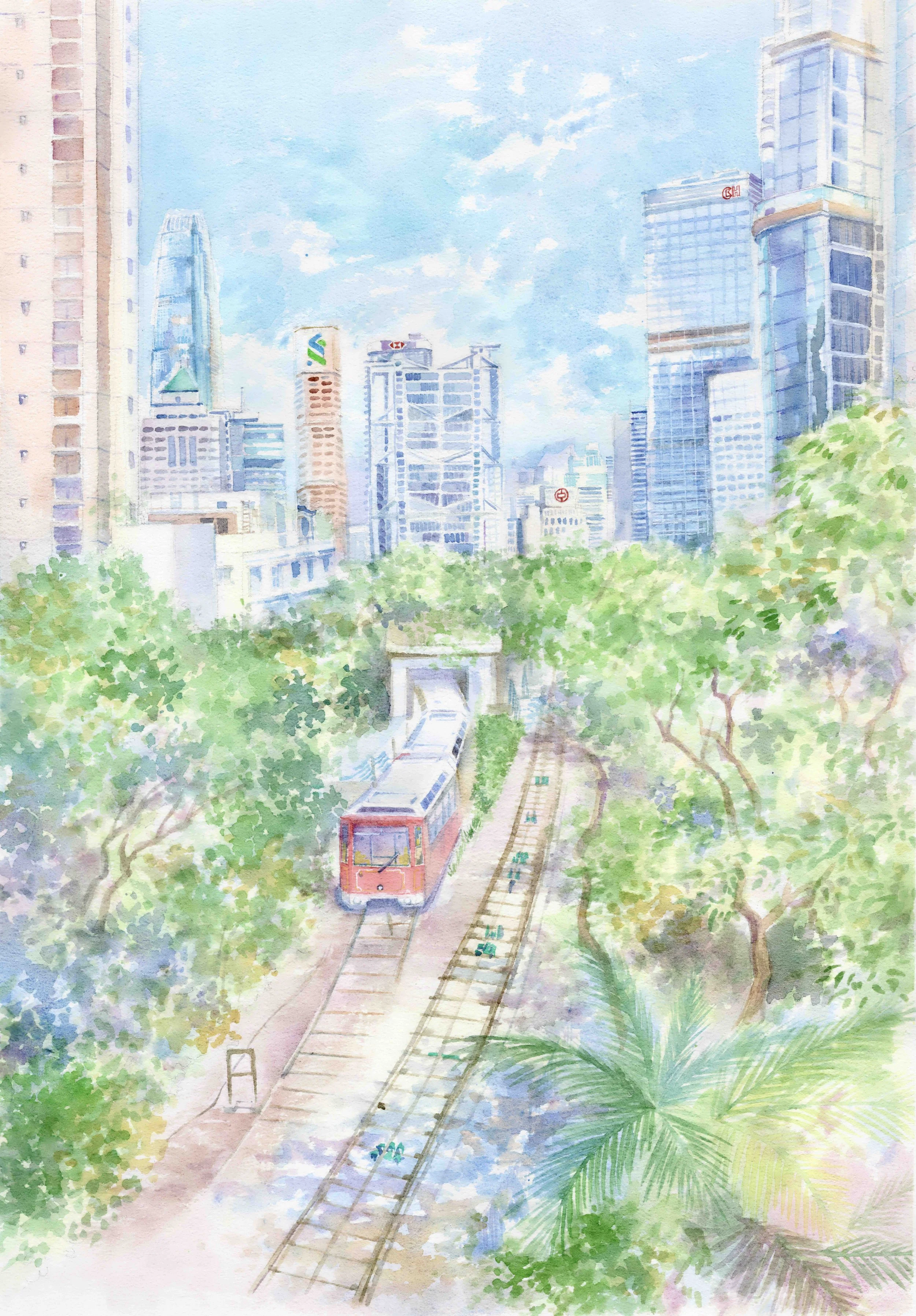 Watercolor painting of a cityscape with modern skyscrapers and green trees, featuring a peak tram train on tracks running through a park-like area under a partly cloudy sky.
