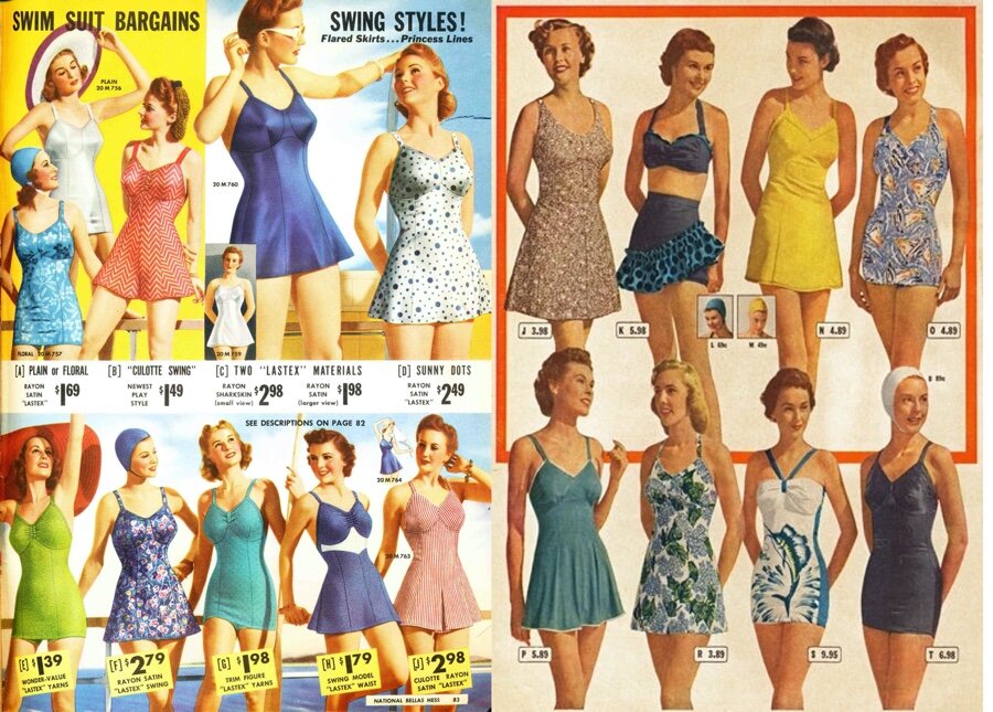 Pin-up girls and movie starlets wore two piece swimsuits for publicity shots.Most women bought the modest one piece with strapped bras.