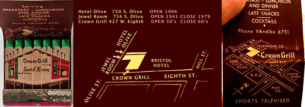 The Crown Grill & Jewel Room were separate businesses with same ownership in 1947. Hotel Olive occupied the 2nd & 3rd floor of building and had significant symbiotic relationships with the Jewel Room & the Crown Grill. In center image I embellish the matchbook map to show the Hotel Olive.