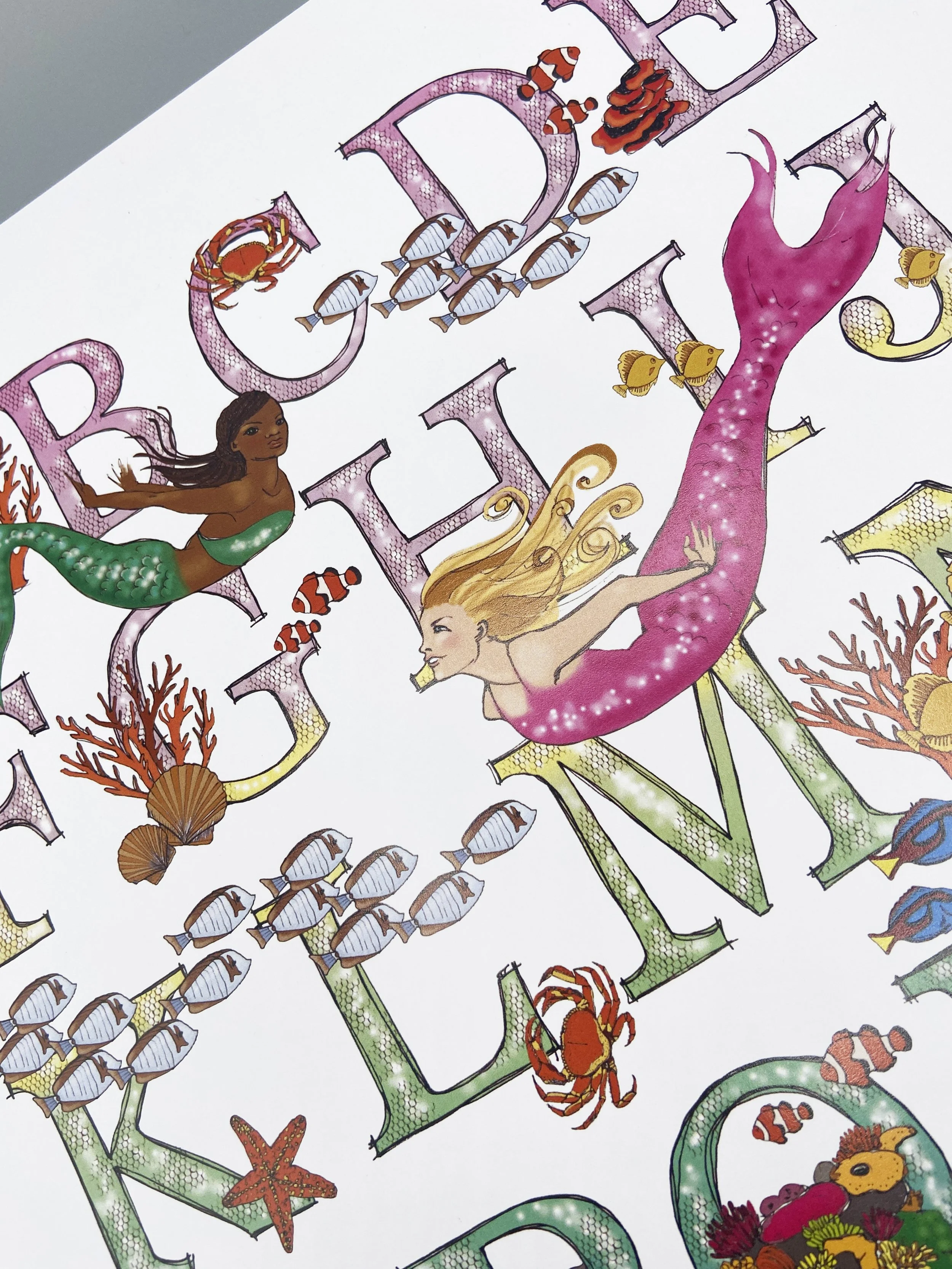 Illustrated Mermaids under the sea ocean creatures coral Alphabet poster print for children's bedrooms wall decor by Devon artist Helen Leslie Illustrator